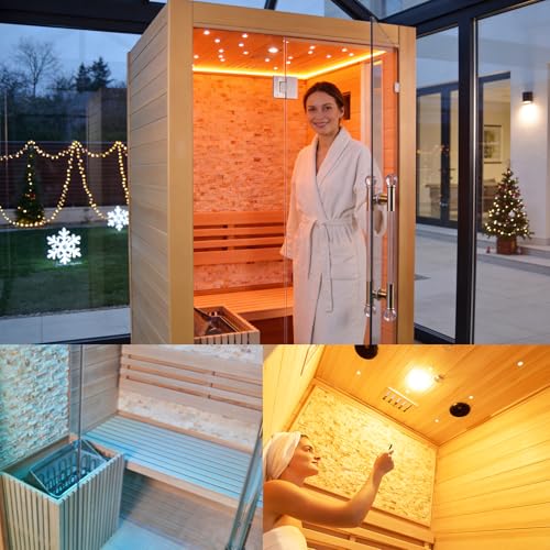 Image of Smartmak Indoor Steam Sauna Room, 2-Person Canadian Hemlock Home Sauna, 3.5KW Harvia Stove, Bluetooth Speaker, Sauna Stones, Wooden Bucket & Scoop, Reading Light(220V)
