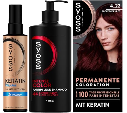 SYOSS Coloration 4_22 Leuchtendes Rot (115 ml) professionelle Farbintensität & Shampoo Intense Color Farbpflege Shampoo (440 ml) Farbschutz & Keratin Volume Föhnschutz-Spray (200 ml)