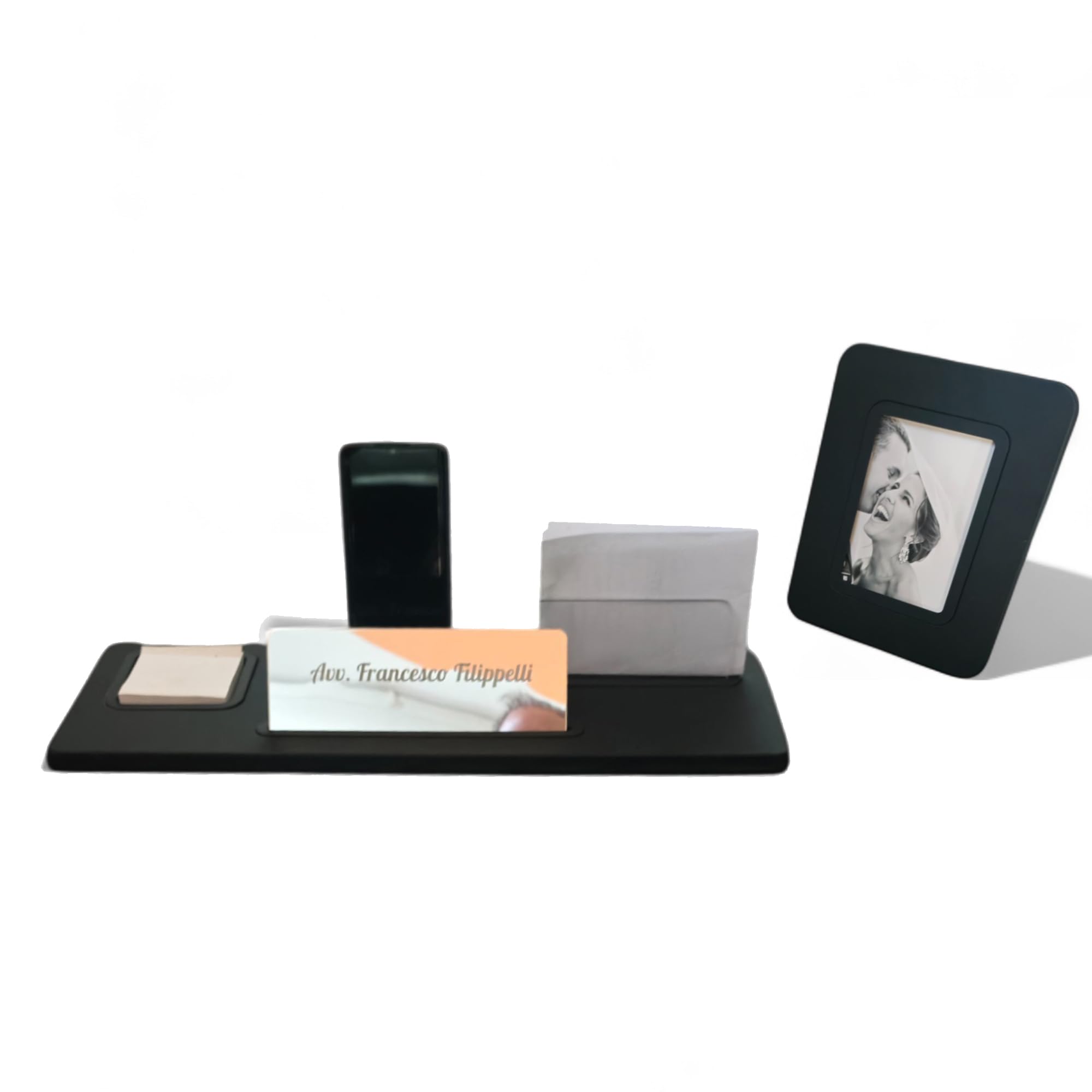 Juego de escritorio, 5 en 1 organizador de escritorio con soporte para smartphone, tarjetero, porta tarjetas, caballero personalizado + portafotos para oficina y casa (PU negro)