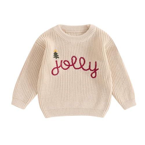 Doqcey Toddler Boy Girl Christmas Outfit Embroidery Knit Sweater Oversized Crewneck Pullover Sweatshirt Fall Winter Clothes (Khaki Jolly, 2-3 Years)