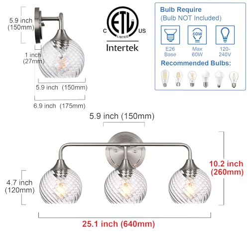 Image of MELUCEE 3 Lights Modern Vanity Lights Over Mirror, Brushed Nickel Bathroom Lighting Fixtures with Clear Striped Swirl Glass Shade, Metal Wall Mount Lamp for Mirror, Bathroom Living Room Workshop