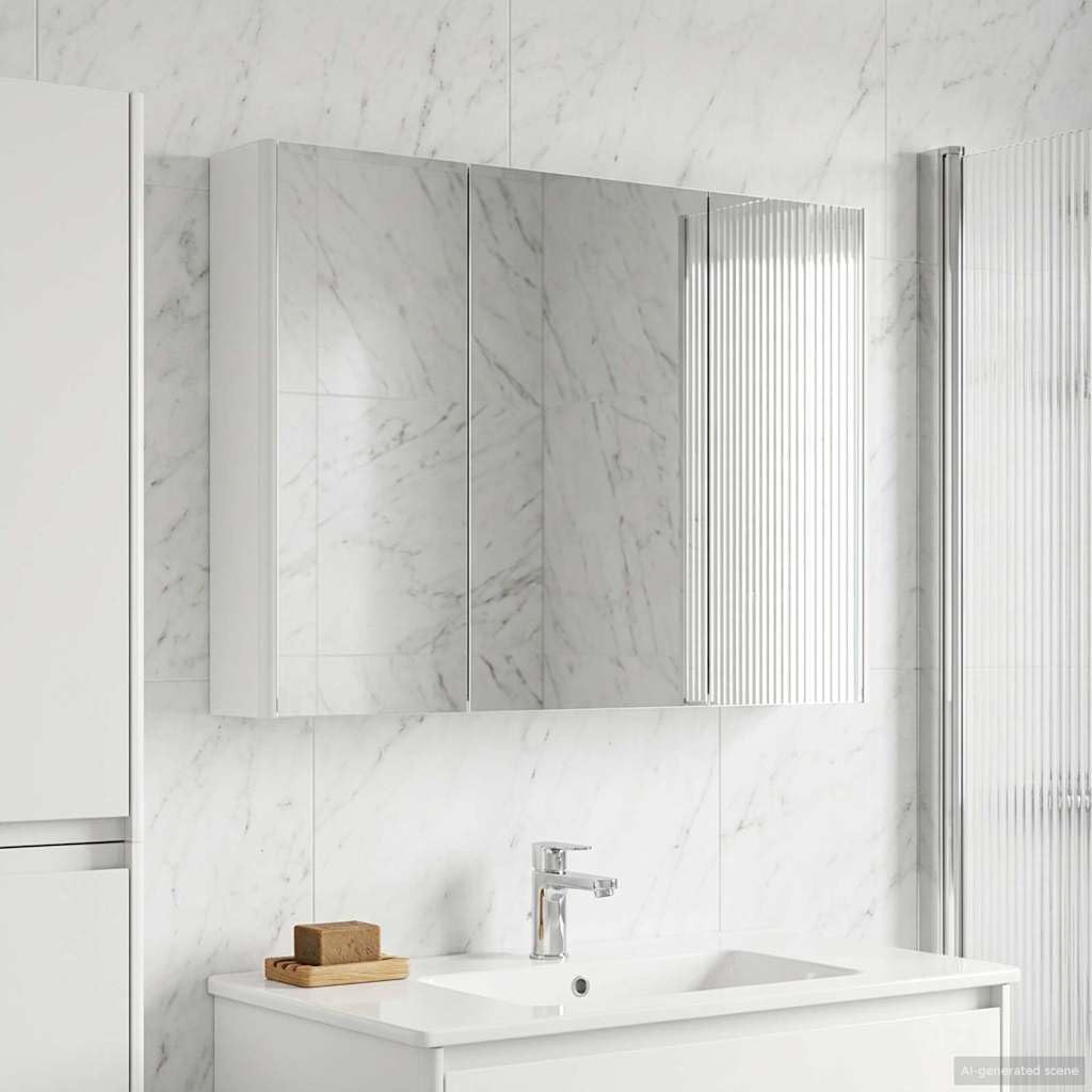 Szafka łazienkowa z lustrem, biała, materiał drewnopochodny, 103,5 x 15,5 x 70 cm, z oświetleniem LED, montaż na ścianie, miejsce do przechowywania i regulowane półki do łazienki