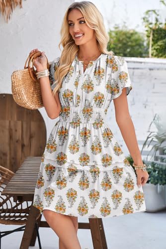 Image of Duigluw Dresses for Women 2025 Casual Summer Short Sleeve V Neck Beach Mini A-Line Ruffle Flowy Dress