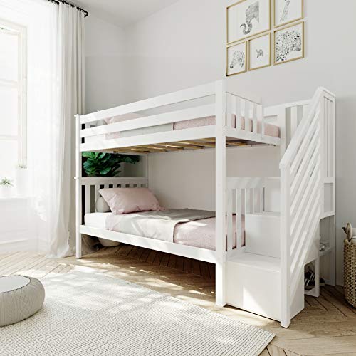 Max & Lily Bunk Bed Twin-Over-Twin Bed Frame For Kids With Stairs White