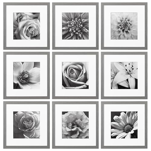 eletecpro 12x12 Picture Frames Set of 9 with Mat for 8x8 Photos or without Mat for 12x12, Square Gallery Wall Decor Collage for Picture Display, Washing Grey Frame Set for Wall Hanging