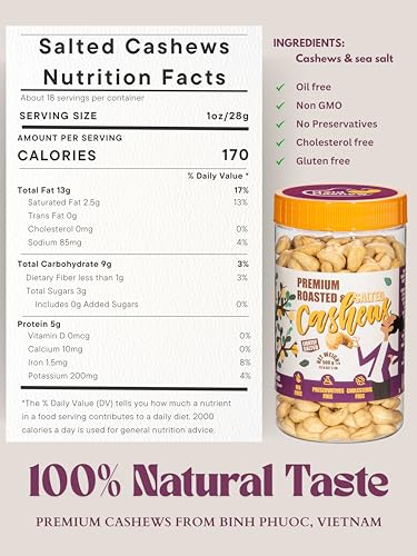 Image of Cashews Roasted Lightly Salted - Snacks for Adults, Whole Nut (No Mixed), Oil Free, Farm Fresh, Plant Based Protein, Promote Heart Health & Weight Loss, Only Nuts & Sea Salt, 17.64 oz (Pack of 1) (Salted)