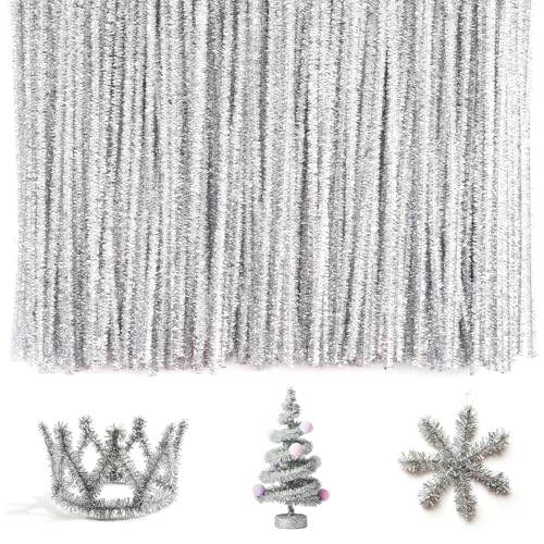 Caydo 200 Pieces Silver Pipe Cleaners Craft Chenille Stems for DIY Art Creative Crafts Party Decorations (12 Inch x 6 mm)