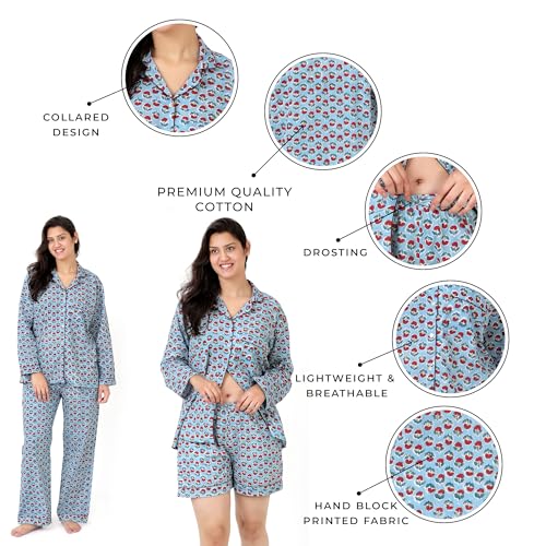 Image of Huar Women Pajama Set, 4 pcs Button Down Vacation Beach Cotton Set, Lounge wear PJ Set For Birthday