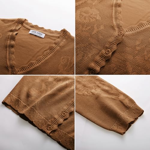 Image of Women Crop Cardigan Sweaters Lightweight 3 /4 Sleeve Button Up Crochet Shrug | Textured Bolero For Dresses Dressy Casual, V Neck, Ladies Eyelet Shawl Thin Trendy