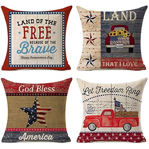 Kithomer Independence Day American Flag Pillow Covers 20" x 20" 4th of July Patriotic Truck Throw Pillow Case Farmhouse Decorative Cushion Cover for Sofa Set of 4 Cover