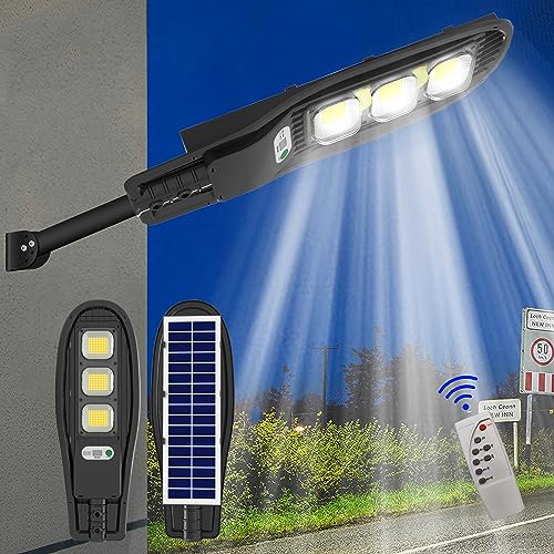 MEIHONG - Luces solares para exteriores, luz solar de calle de 6500 K, luz de inundación solar al amanecer, luces solares impermeables para estacionamiento con sensor de movimiento, luces solares para