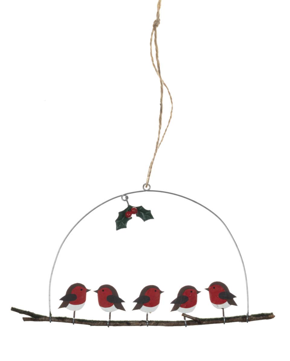 Shoeless Joe Red - Christmas Five Robins On A Perch Hanger