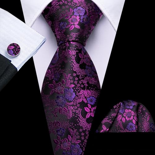Image of Barry.Wang Flower Ties for Men Silk Woven Floral Tie Sets Necktie Handkerchief Cufflinks Wedding Party