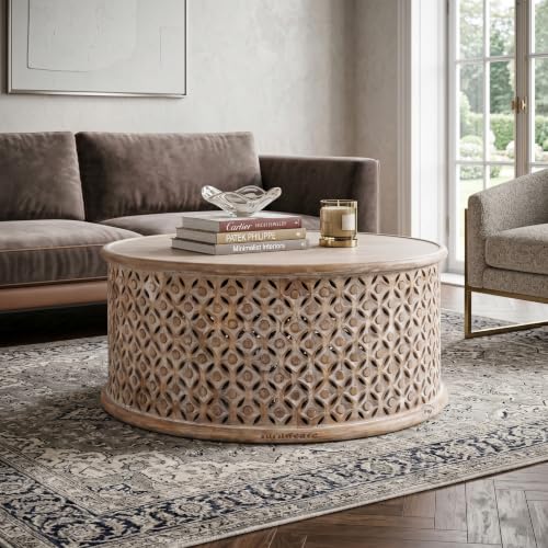 Image of Wooden Coffee Table for Living Room | Handcrafted Solid Wood Round Center Table with Carved Jaali Design | Coffee Table for Home Decor | Tea Table for Bedroom & Office (Brown Distress)