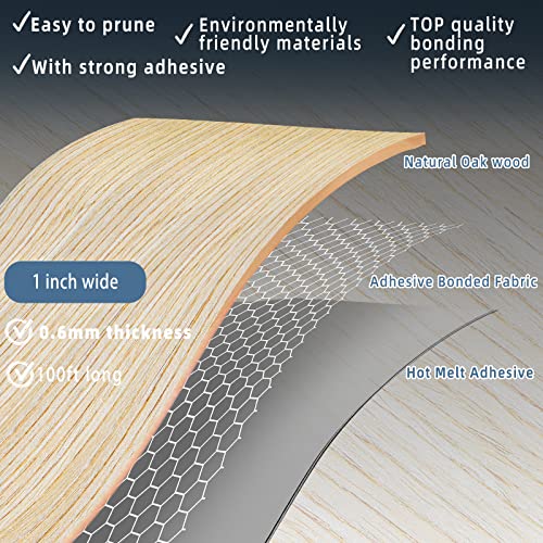 Image of White Oak Edge Banding, 1 inch x 100ft roll of Veneer White Edge Banding Pre-glued Flexible, Real Wood Tape Banding for Cabinet Repair Furniture