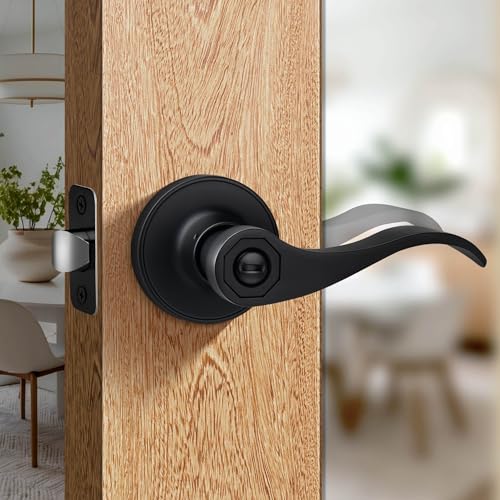 Moquin Wave Design - Manija de puerta de privacidad sin llaves, manija de puerta reversible para puerta de baño o dormitorio del lado derecho/izquierdo en acabado negro mate