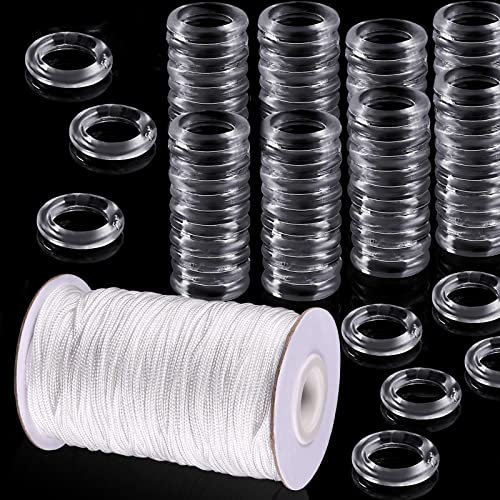 CLDURHGE Clear Roman Curtain Rings Blind Roman Ring and 55 Yards Roman Blind Cord 8-13 mm Transparent Plastic Rings 1.8 mm White Braided Lift Shade Cord, for DIY Roman Curtains(100 Pieces)