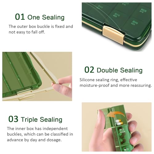 7 dagen pillendoos met 21 vakken, reis pillendoosje,hoogwaardige pillendoos, food grade PP plastic, met stofdichte functie, kan granulaire medicijnen opslaan (groen) - Afbeelding 4