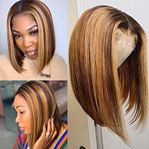 Blonde Highlight Short Bob Wigs Human Hair Straight Lace Bob Wig for Women HD Transparent T Part Lace Front Bob Wig 10 Inch 4/27 Ombre Brown Blonde Cute Fairy
