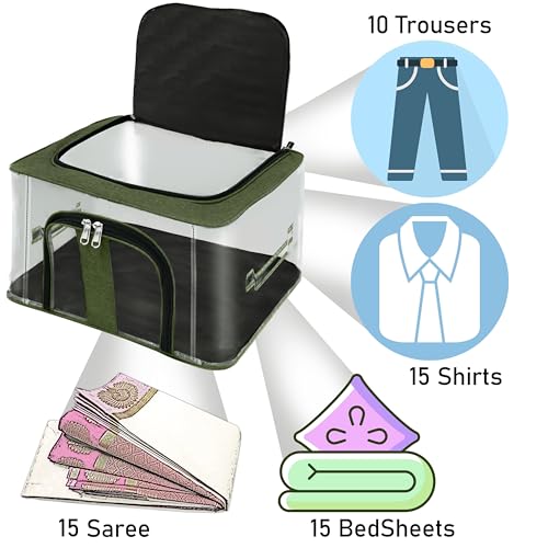 Image of Storite 5 Pack Nylon 33 L PVC Transparent Moisture Proof Storage box for Clothes Closet Wardrobe Organizer for Clothes Saree Bags with Carry Handle (DarkGreen, 44L x 31W x 24H cm)