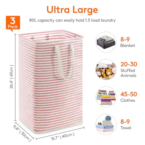 Image of Lifewit 3 Pack Laundry Basket 80L Each, Collapsible Clothes Hamper with Reinforced Handles, Freestanding Waterproof Design for Bedroom and Laundry Room, Pink 240L Total
