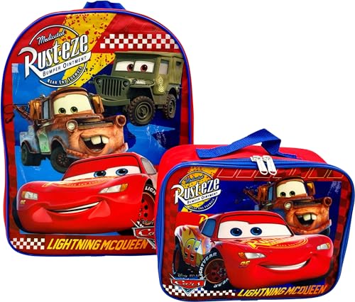 Ruz Disney Kids - Mochila escolar con fiambrera, paquete de 2 piezas de 15 pulgadas y lonchera (coches)