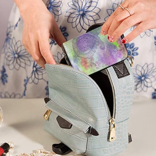 Small RFID Credit Card Holder Wallet with Zipper, Leather Wallet Case for Women Colored Paisley Designs3