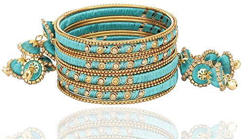 Image of NMII Metal & Silk Thread Jhumka Zircon Latkan Stylish Bangles Set For Women's and Girls | Women's Fancy Latkan Bangles Set | Ethnic Fashion Jewellery- Set of 12 Bangle, (G405 Radium-2.8(2.8))
