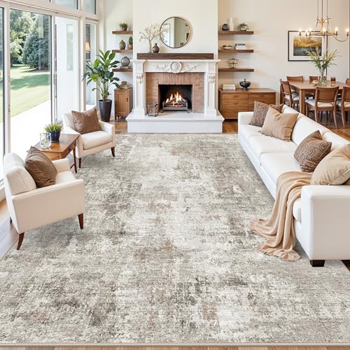 Image of 12x18 ft Extra Large Living Room Rug Washable Modern Abstract Neutral Oversize Rugs for Bedroom, Dining Room, Family Room Non-Slip Low-Pile Thin Stain-Resistant Carpet in Beige Grey