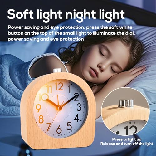 Despertador analógico de madera sin tictac, despertador digital, mesita de noche, reloj de mesa con luz nocturna, analógico, de madera, funciona con pilas, para dormitorio, hogar, oficina, viajes - imagen 3