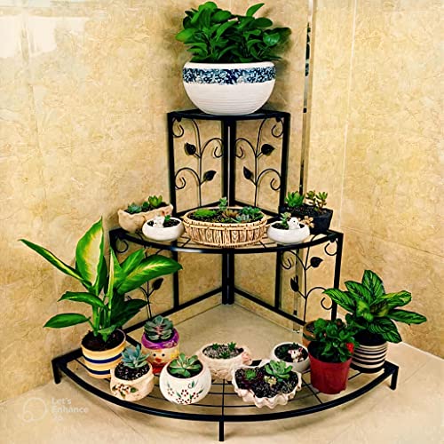 Trendy Decor 3 Tier Plant Stand Freestanding Flower Pot Rack, Metal Stair-Step Style Corner Shelf Planters, Quarter Round Display Holder For Indoor Outdoor Use (Black)