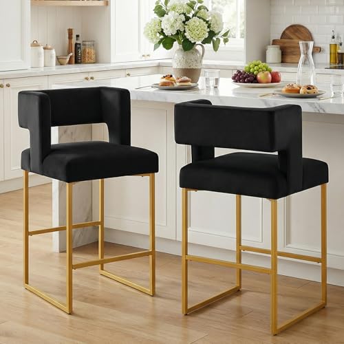 Image of Counter Height Bar Stools Set of 2, Black Velvet Bar Chair Gold Leg | 26 inch Seat Height Fits Standard Kitchen Islands, Upholstered Barstools, Back Support, Square Metal Legs, Footrest
