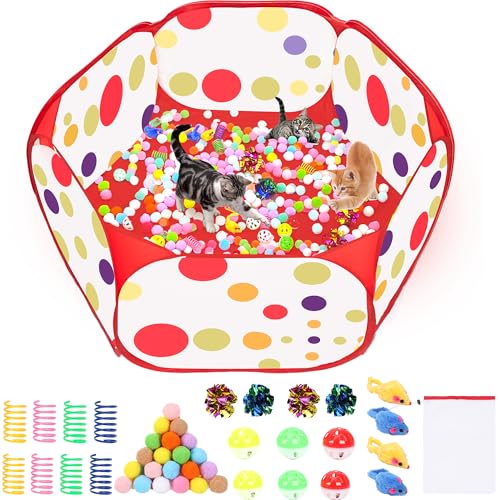 Cat Ball Pit for Cats Include 226 Pcs Interactive Cat Toy for Indoor Kittens Cat Enrichment Toys for Bored Indoor Cats Self Play Kitty Toys Bundle Pack Entertainment (Red)
