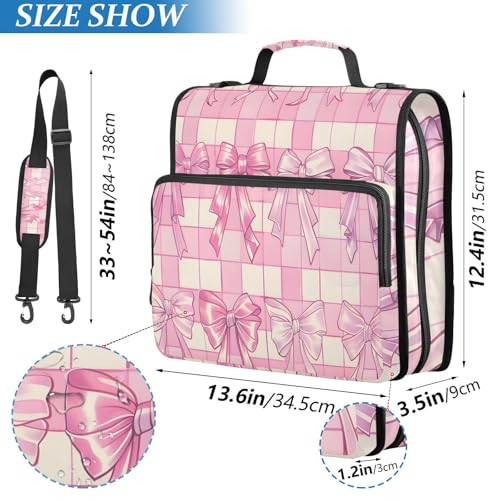 Image of 3 Ring Zipper Binder with Shoulder Strap Bow Tie Pink Buffalo Plaid 1.5 inch Binders Keeper Large Capacity Multi Pockets for School Office Supplies