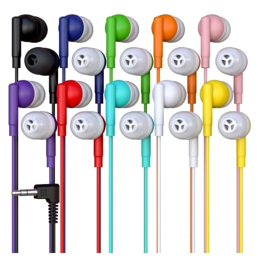 10 Pack Bulk Wired Earbuds, In Ear Headphones with 3.5mm Jack, 4ft Tangle Free Cable, Comfortable Fit, Affordable and Cost Effective, Ideal for School Classroom Testing Students Events Groups, Mix