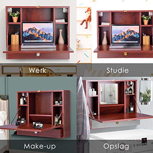 COSTWAY Wandgemonteerde tafel, opvouwbaar laptopbureau, multifunctionele kast met opbergvak en -lade, wand ophangende schrijftafel, compacte houten laptoptafel, zwevende wandbureau, computerbureau voor thuiskantoor (Bruin) - Afbeelding 7