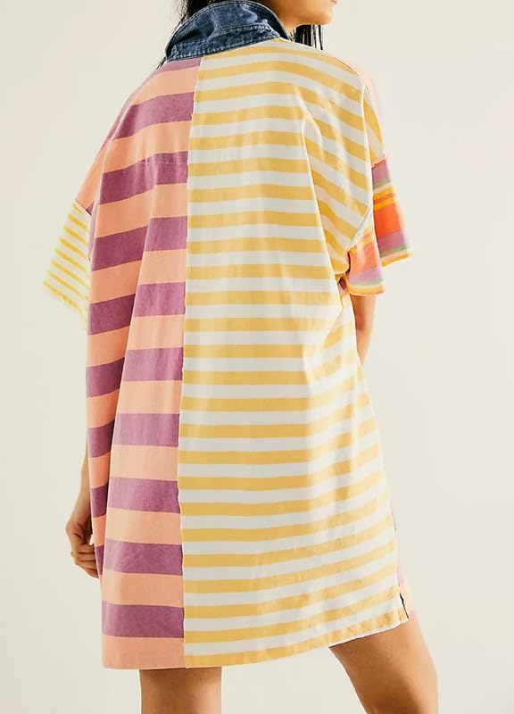 Image of NUFIWI Y2K Striped Shirt Mini Dress for Women Oversized Stripe Tunic Tshirt Dresses Short Sleeve Buttons Loose Fit Tee Dress