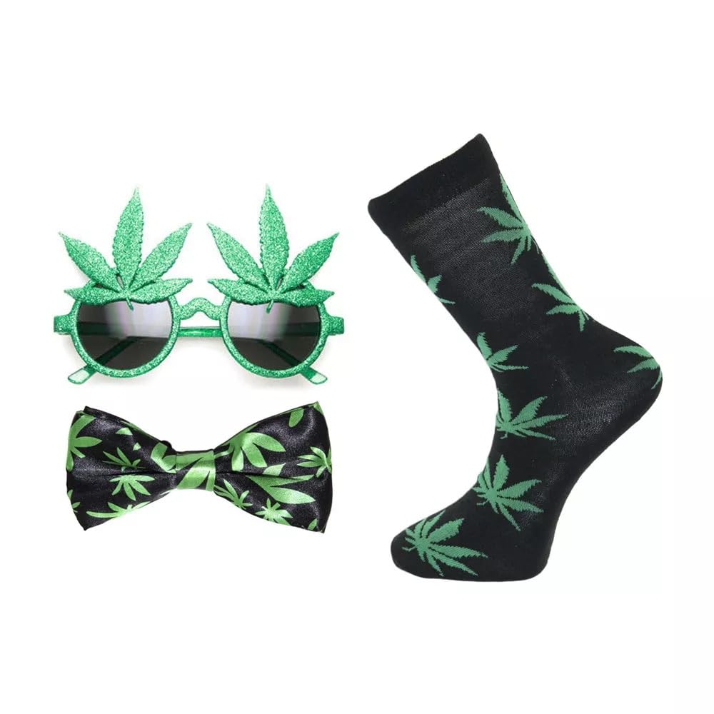 Marijuana Leaf Weed Ganja Pot Dank Piff Bow Tie, Novelty Glasses & Socks Set