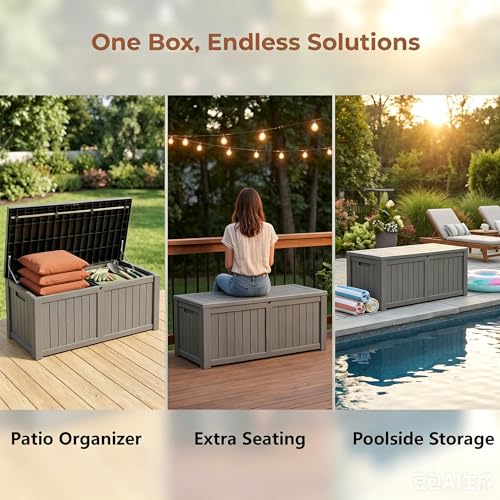 Image of 121 Gallon Resin Deck Box for Patio - Outdoor Storage Chest for Patio Furniture Cushions, Garden Tools, Pool Accessories - Lockable, Waterproof, All-Weather, Wood Grain Design, Easy Assembly