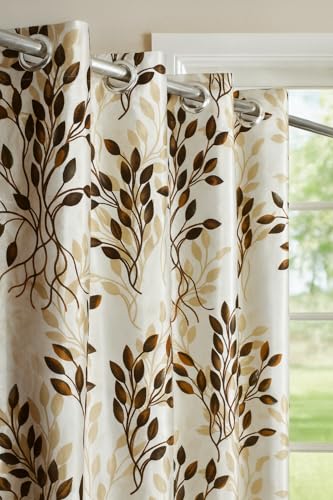 Image of DEVSANG Polyester 2 Print and 1 Plain Curtains Set of 3, Brown&White 5 Feet