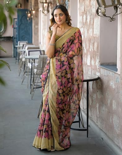 Image of SIRIL Women's Chiffon Printed Saree with Unstitched Blouse Piece