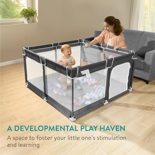 Image of Navaris Baby Large Playpen - 51.2 inch x 51.2 inch (130 x 130cm) Breathable Mesh Playground with Safety Gate - Indoors Outdoors Play Pen for Babies and Toddlers - Extra Large Play Area