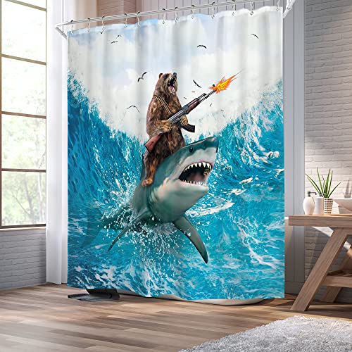 Image of Funny Bear Riding Shark Shower Curtain Humor Surfing 72Wx72H Inch Decor