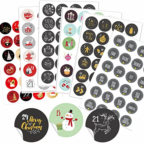 6 x 24 verschiedene Adventskalender Zahlen Aufkleben - 24 Sticker Nummern Aufkleber für Weihnachten zum Selber Basteln und Dekorieren, Runde Weihnachtskalender Zahlenaufkleber 40 mm