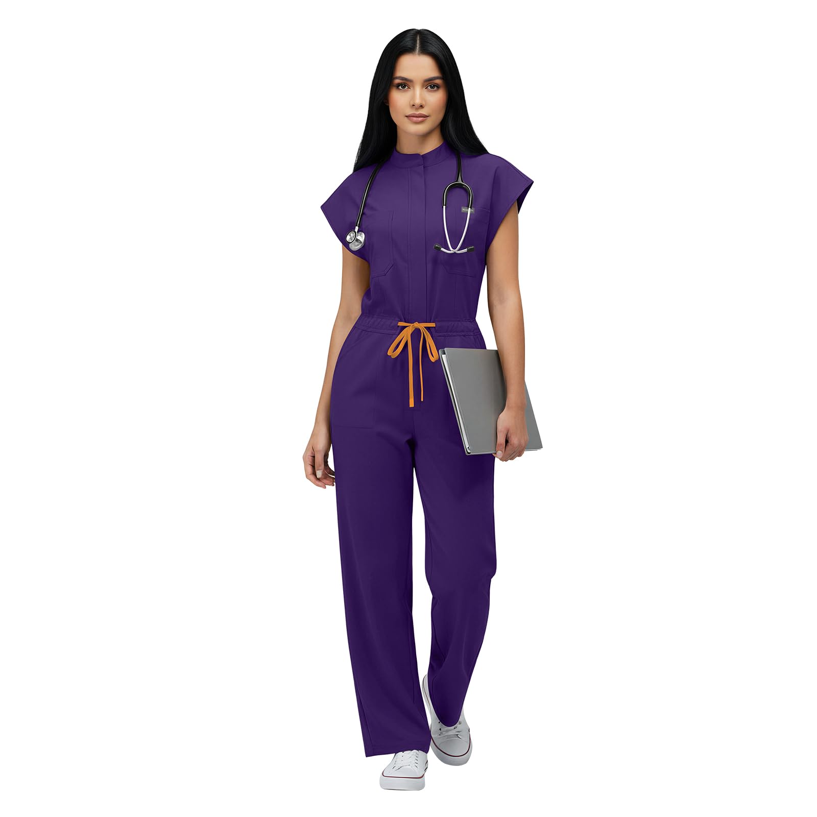 VIAOLI Women's Medical Scrub Jumpsuit - Mandarin Collar, with Drawstring Waist for Nursing Uniforms