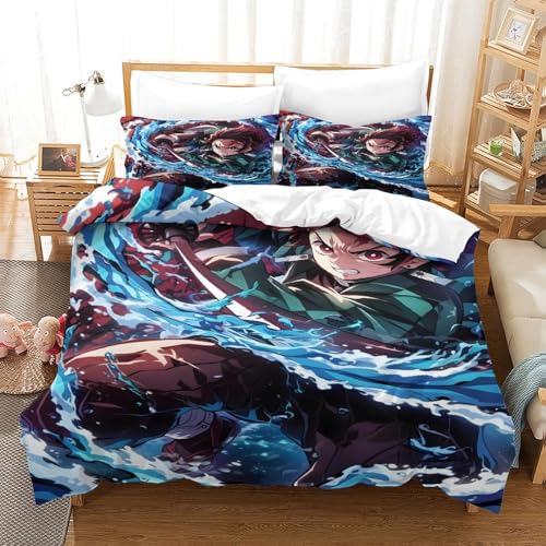 GDEKCIEAS Anime 3D Demon Slayer Girls Bedding Set,3Pcs Duvet Cover with Decorative Quilt Design,Ultra Soft Comforter Cover for Teens And Kids Single（140x200cm）