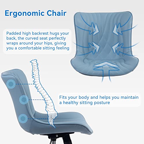 Image of YOUNIKE Office Chair, Adjustable Swivel Armless Desk Chair with Wheels, Aesthetic Home Office Computer Task Chairs, Modern Faux Leather Upholstered Vanity Chair with Back, Blue