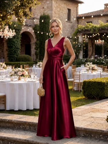 Image of Ever-Pretty Women's Summer Satin V Neck Formal Wedding Guest Dress Floor Length Empire Waist Bridesmaid Dresses with Pockets