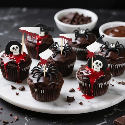 24pcs Halloween Cupcake Toppers, Glitter Horror Blood Knife Cupcake Picks Scary Killer Birthday Decorations for Themed Party Supplies - Image 6