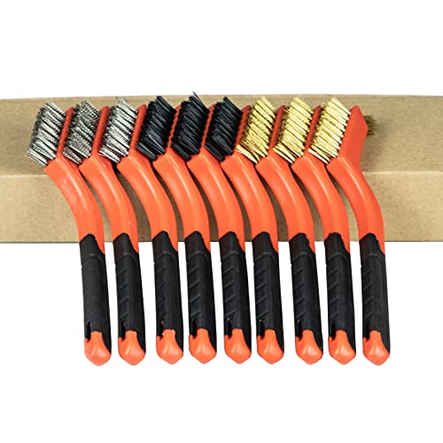 Image of SALI 9pcs Wire Brushes for Cleaning Rust Removal Nylon /Brass /Stainless Steel Bristles with Curved Handle Grip for Dirt & Paint Scrubbing Removing Unfinished Metal Parts, Paint Stains Household Clean